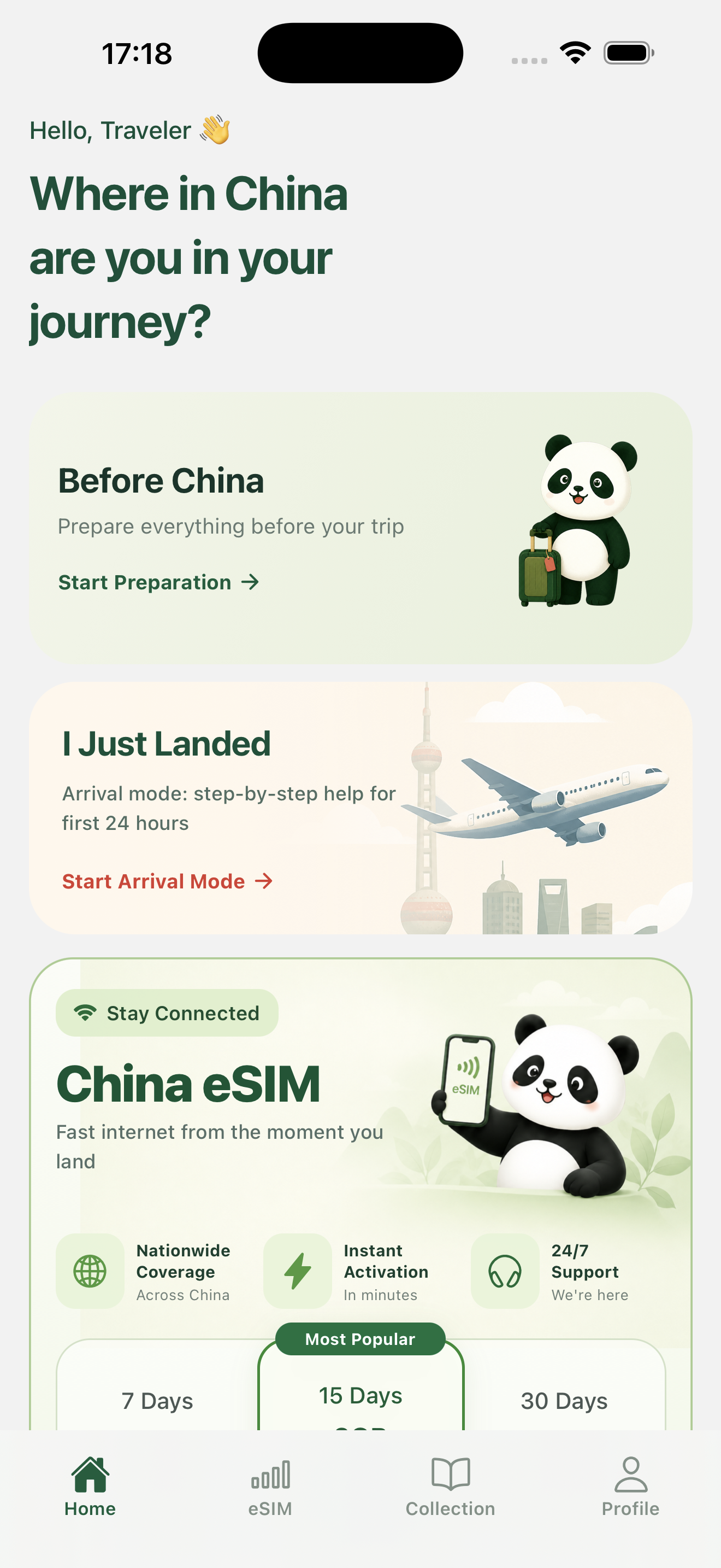 ChinaKit app home screen with trip preparation, arrival help, and China eSIM